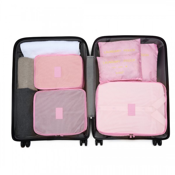 E2015 - Kono 6 Piece Polyester Travel Luggage Organiser Bag Set - Pink